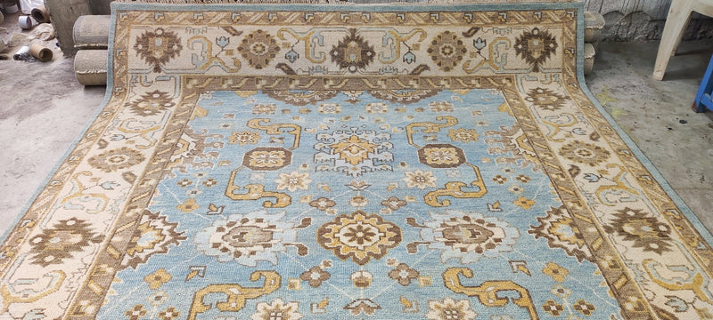 Holly Hickey Moore Light Blue and Beige Hand-Knotted Oushak Rug 8.3x10 | Banana Manor Rug Company