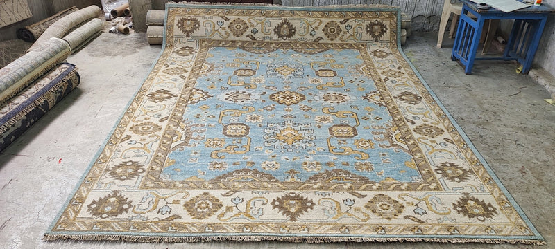 Holly Hickey Moore Light Blue and Beige Hand-Knotted Oushak Rug 8.3x10 | Banana Manor Rug Company