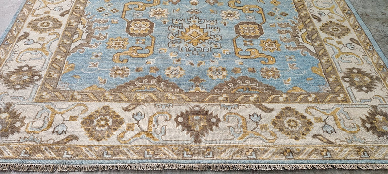 Holly Hickey Moore Light Blue and Beige Hand-Knotted Oushak Rug 8.3x10 | Banana Manor Rug Company