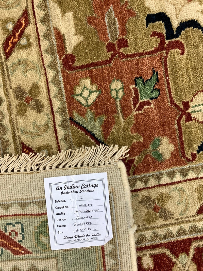 Holly Kinder Hand-Knotted 9x12 Beige & Red Oriental Rug | Banana Manor Rug Company