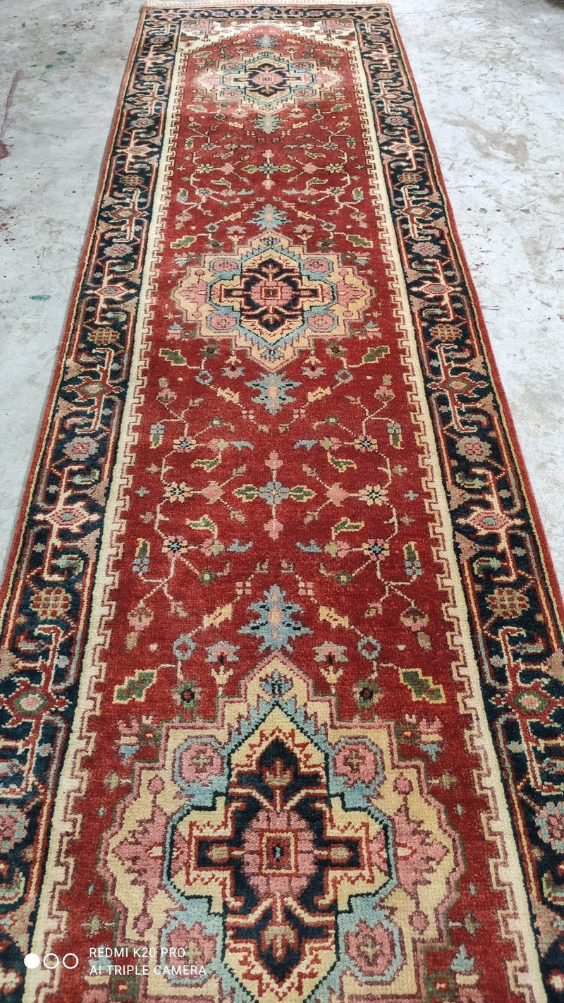 Hubert 2.6x12.3 Red and Blue Hand-Knotted Serapi Runner | Banana Manor Rug Company