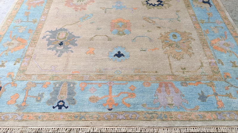 Ibis 8x10 Light Brown and Blue Hand-Knotted Oushak | Banana Manor Rug Company