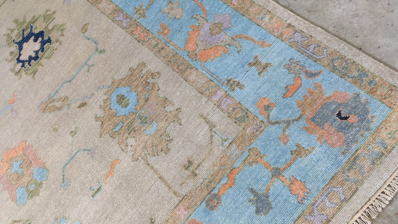 Ibis 8x10 Light Brown and Blue Hand-Knotted Oushak | Banana Manor Rug Company