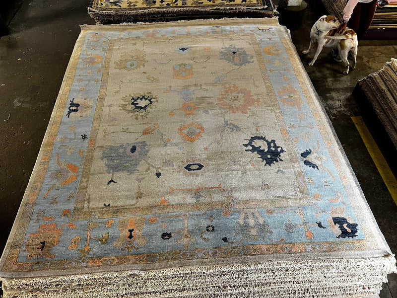 Ibis 8x10 Light Brown and Blue Hand-Knotted Oushak | Banana Manor Rug Company