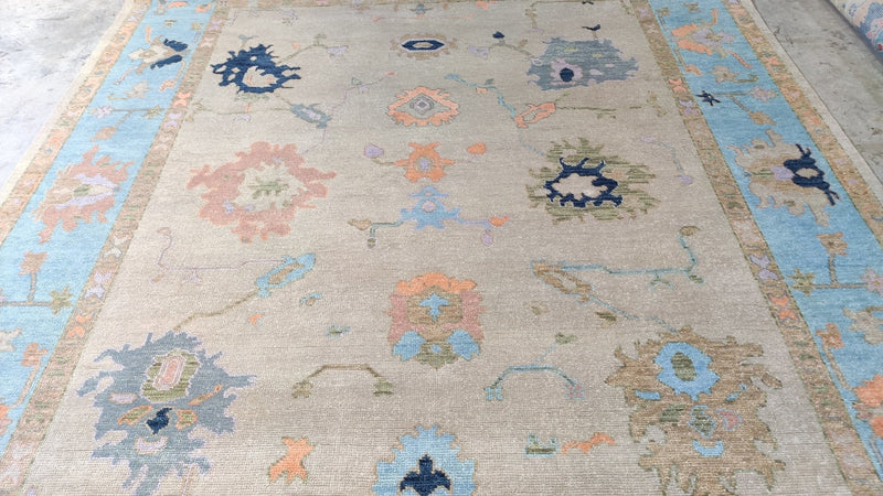 Ibis 8x10 Light Brown and Blue Hand-Knotted Oushak | Banana Manor Rug Company