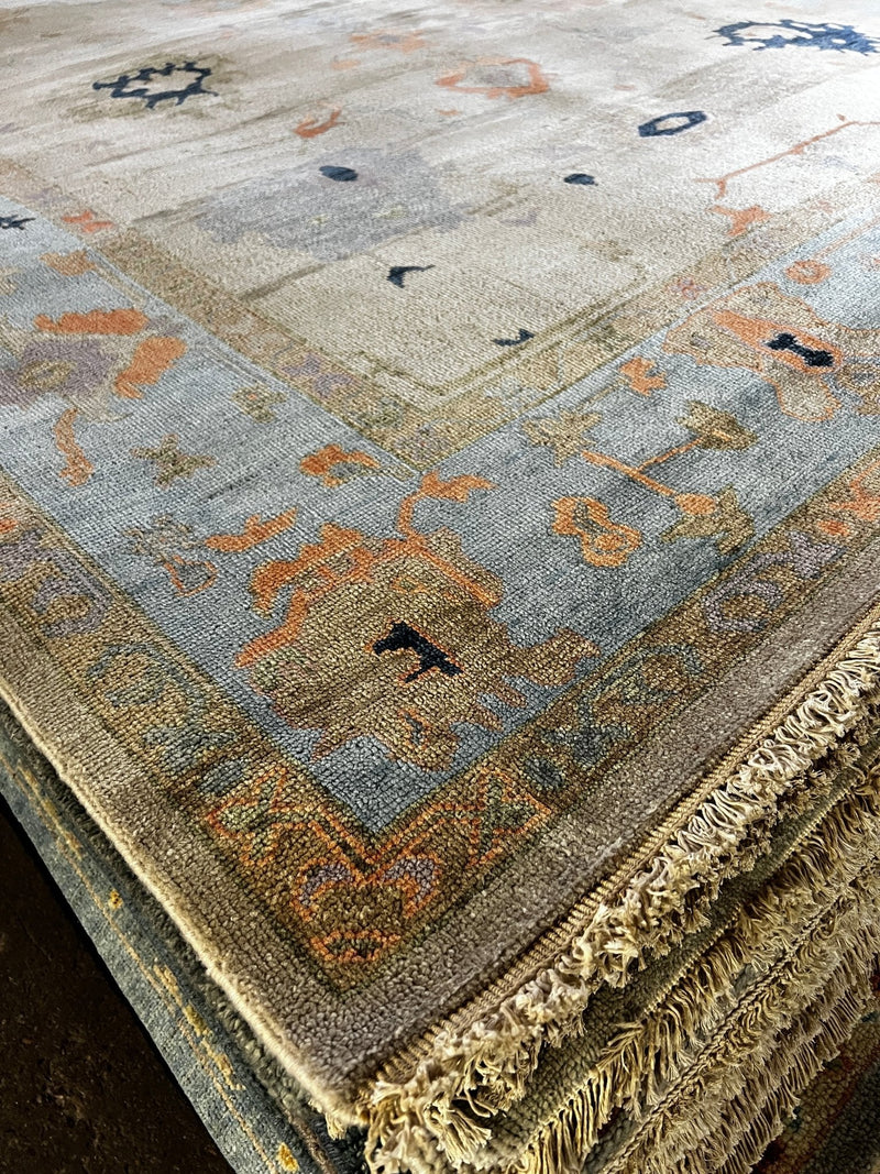 Ibis 8x10 Light Brown and Blue Hand-Knotted Oushak | Banana Manor Rug Company