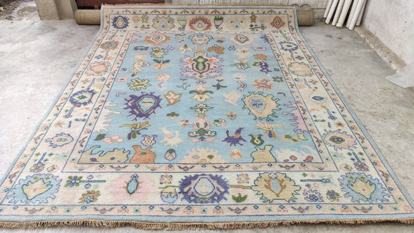 Imogen 8x10 Light Blue and Beige Hand-Knotted Oushak Rug | Banana Manor Rug Company