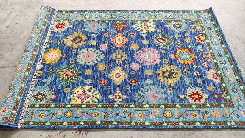 Ingrid Vandebosch Gordon 4x6.3 Blue and Green Hand-Knotted Oushak Rug | Banana Manor Rug Company