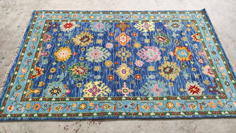 Ingrid Vandebosch Gordon 4x6.3 Blue and Green Hand-Knotted Oushak Rug | Banana Manor Rug Company