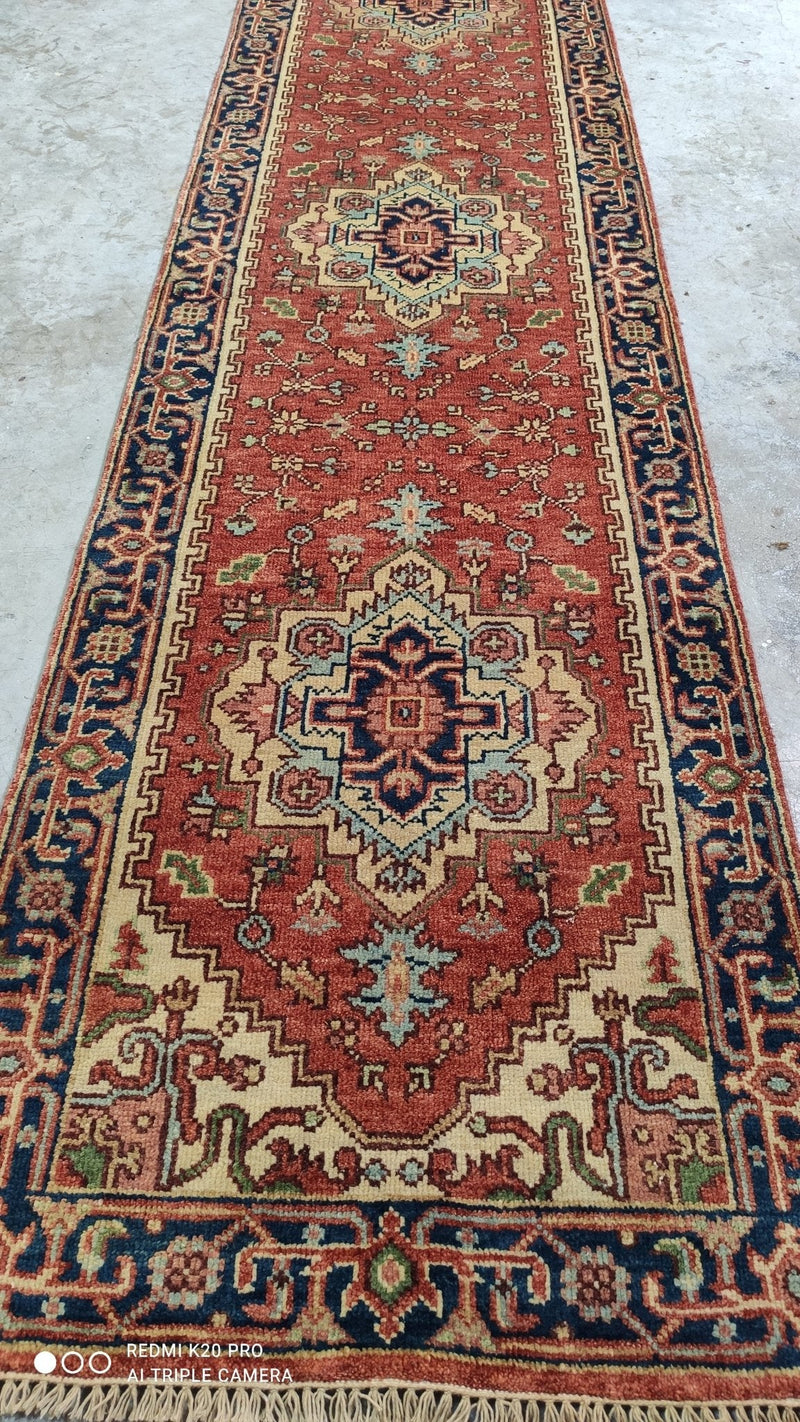 Irene Cara 2.6x15.9 Blue and Rust Hand-Knotted Serapi Runner | Banana Manor Rug Company