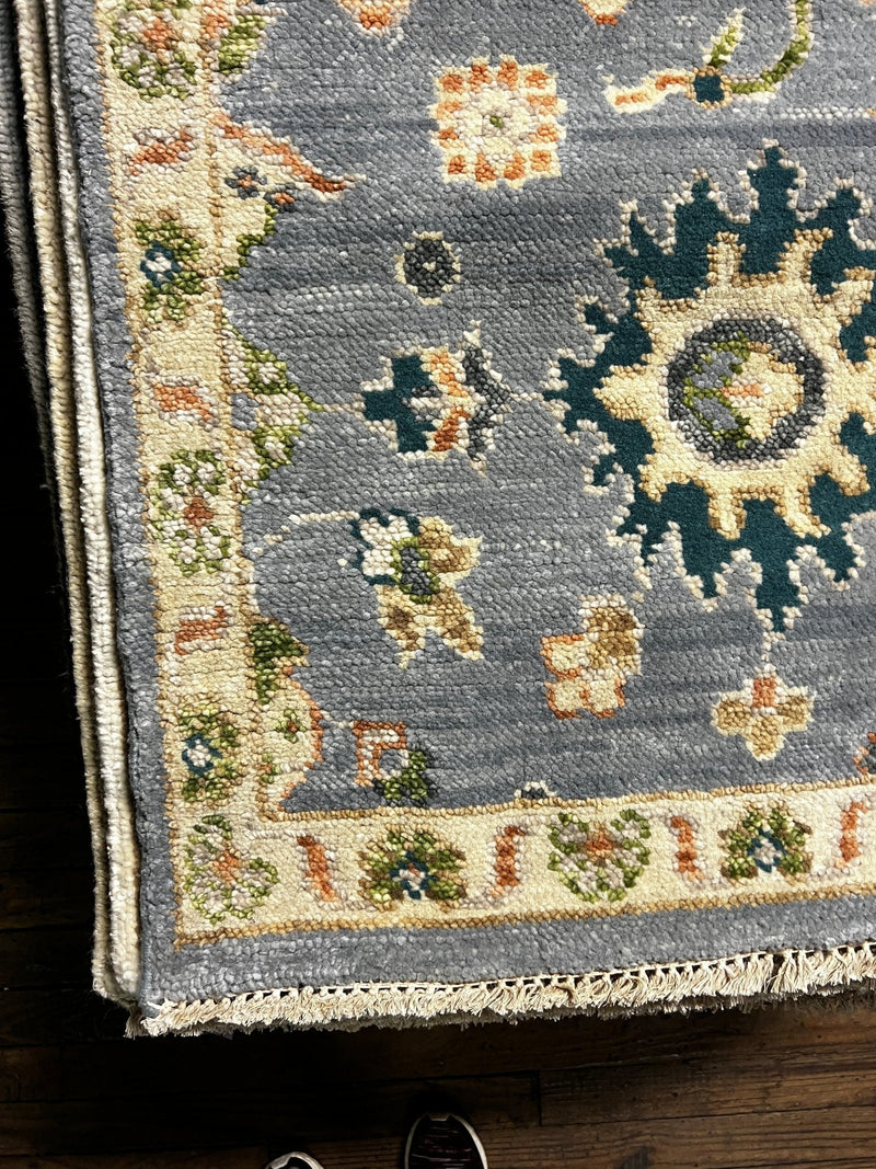 Isabelle Adjani 2.6x12.6 Light Blue and Beige Hand-Knotted Oushak Runner | Banana Manor Rug Company