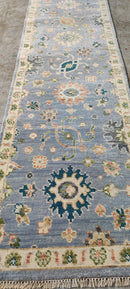 Isabelle Adjani 2.6x12.6 Light Blue and Beige Hand-Knotted Oushak Runner | Banana Manor Rug Company