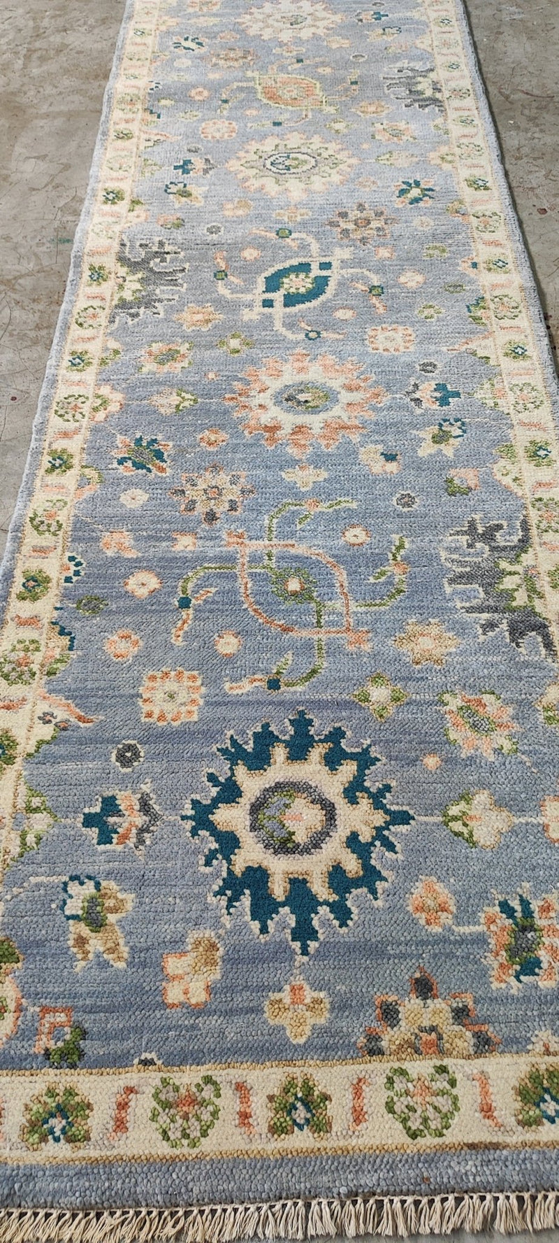 Isabelle Adjani 2.6x12.6 Light Blue and Beige Hand-Knotted Oushak Runner | Banana Manor Rug Company