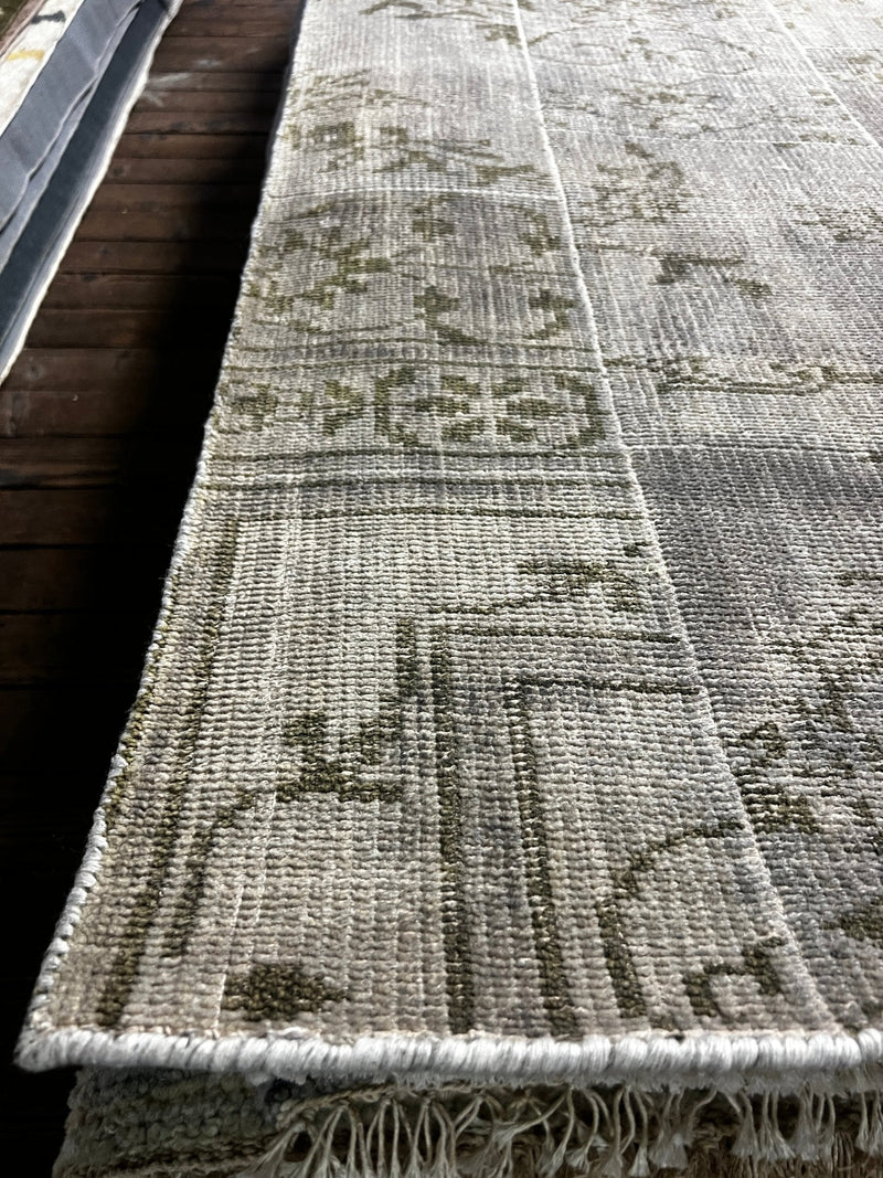 Jan Showers 2.6x6.9 Silver and Grey Patched Weave Hand-Knotted Oushak Runner | Banana Manor Rug Factory Outlet