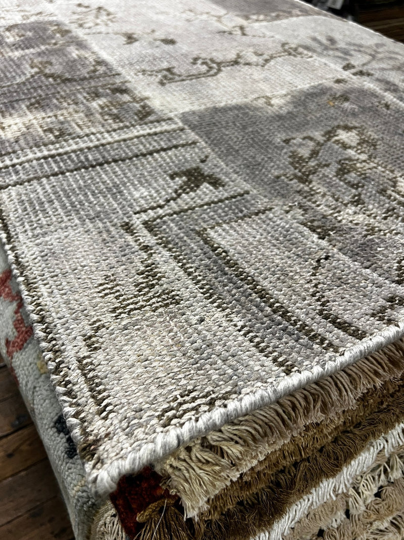 Jan Showers Silver and Grey Patched Weave Hand-Knotted Oushak Runner 2.6x6.9 | Banana Manor Rug Company