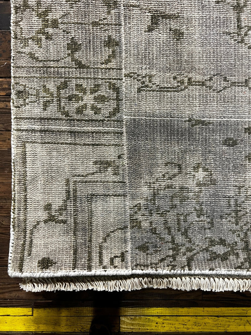 Jan Showers Silver and Grey Patched Weave Hand-Knotted Oushak Runner 2.6x6.9 | Banana Manor Rug Company