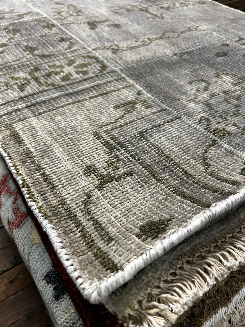 Jan Showers Silver and Grey Patched Weave Hand-Knotted Oushak Runner 2.6x6.9 | Banana Manor Rug Company