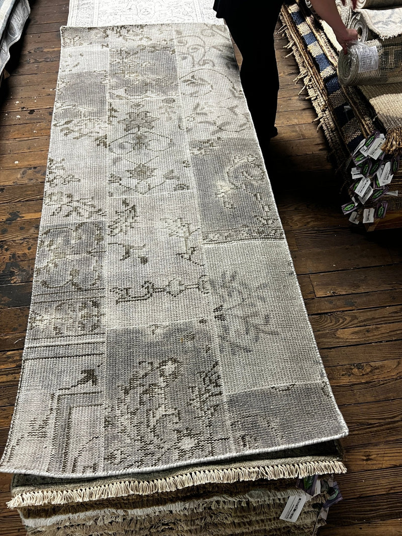 Jan Showers Silver and Grey Patched Weave Hand-Knotted Oushak Runner 2.6x6.9 | Banana Manor Rug Company