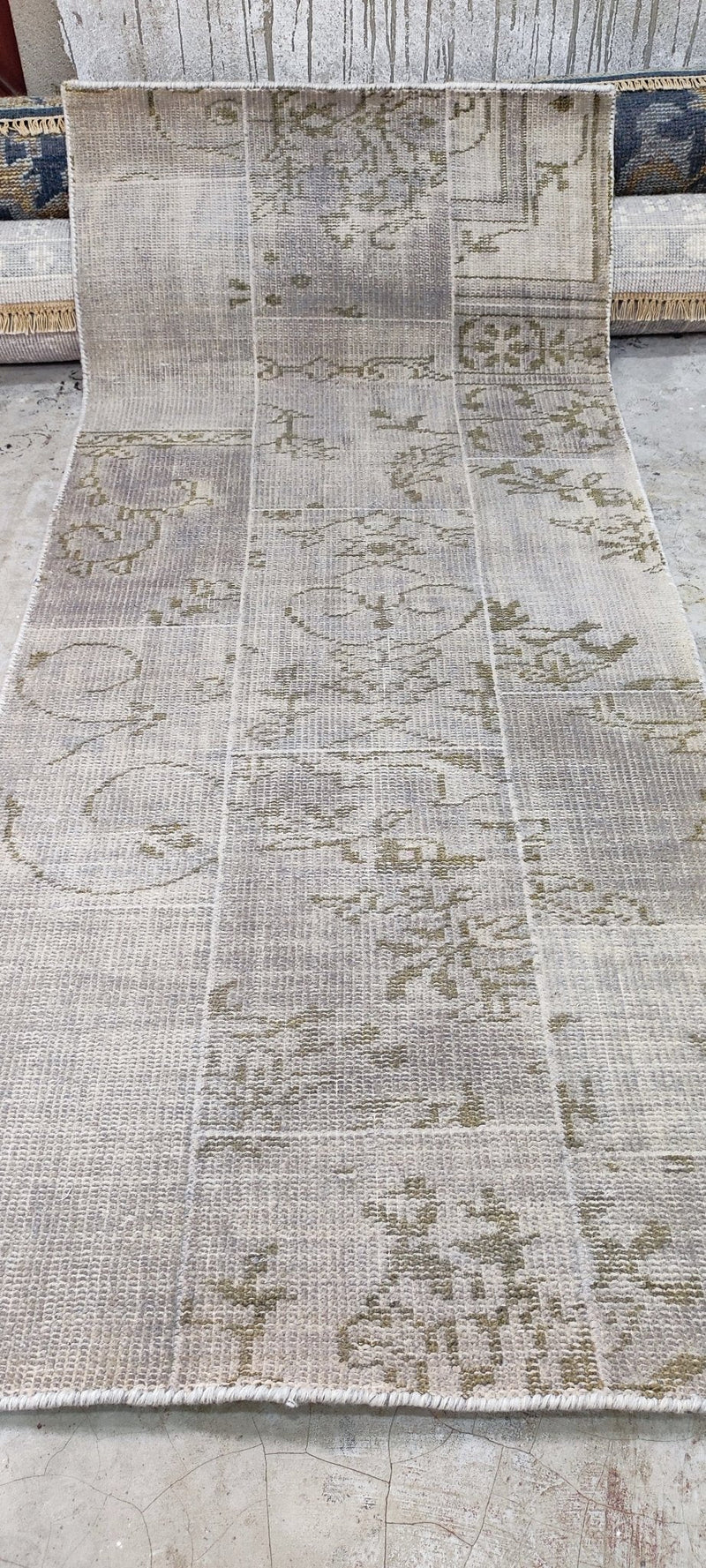 Jan Showers Silver and Grey Patched Weave Hand-Knotted Oushak Runner 2.6x6.9 | Banana Manor Rug Company