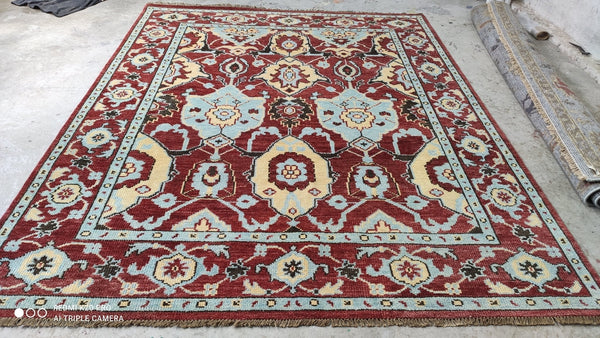 Jennifer B. 7.10x9.10 Rust and Light Blue Hand-Knotted Oushak Rug | Banana Manor Rug Company