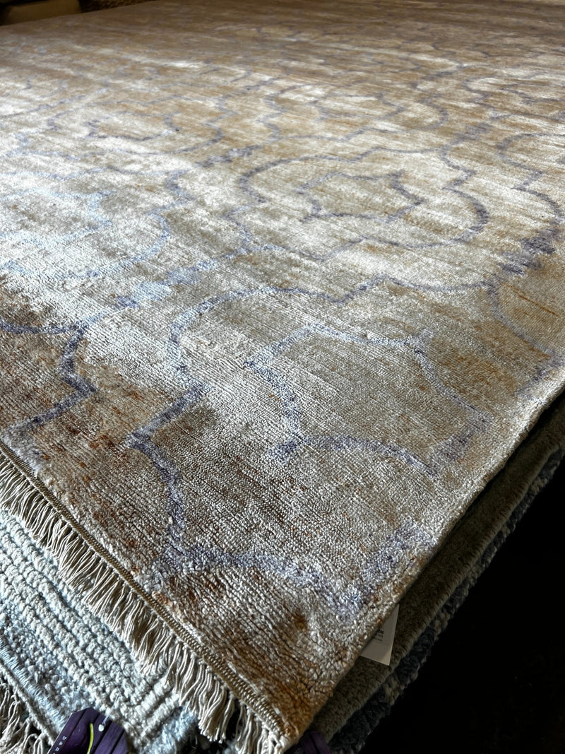 Jimmy Slyde Hand-Knotted Modern Rug Bamboo Gold and Blue Floral 9.9x13.9 | Banana Manor Rug Company