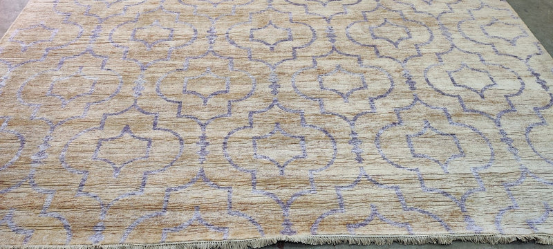 Jimmy Slyde Hand-Knotted Modern Rug Bamboo Gold and Blue Floral 9.9x13.9 | Banana Manor Rug Company