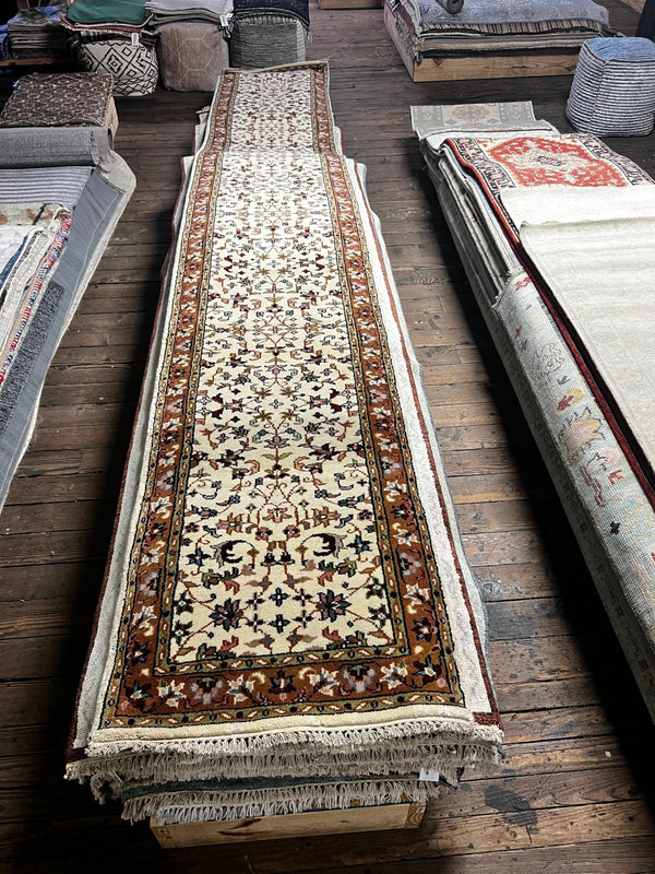 Josie McCarthy Ivory and Rust Hand-Knotted Oushak Runner 2.6x16.9 | Banana Manor Rug Company