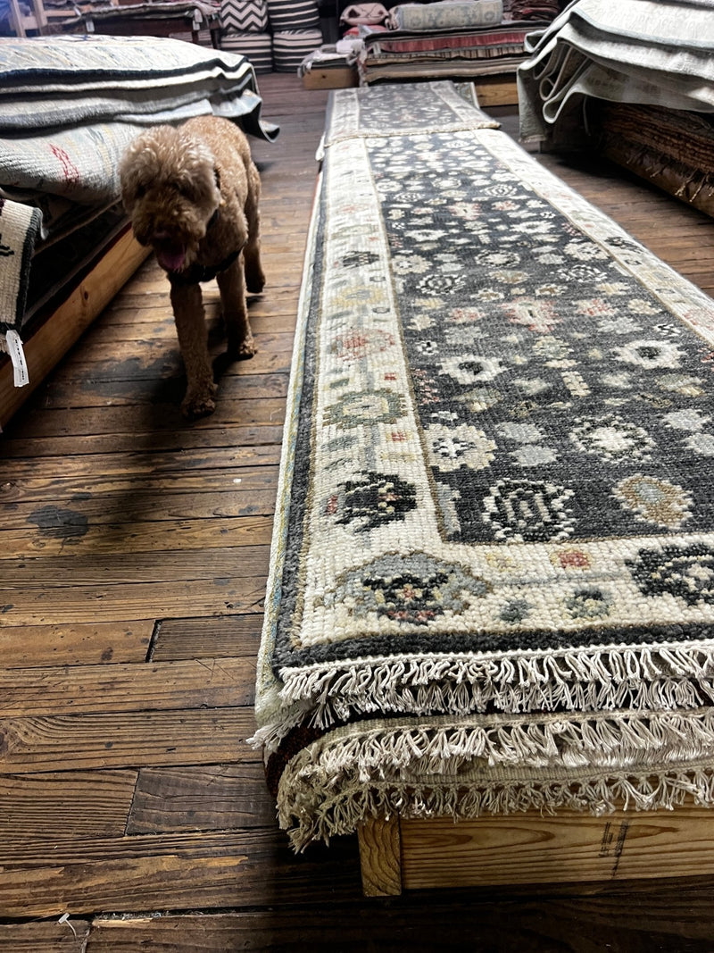 Judith Balis 2.6x24 Dark Grey and Ivory Hand-Knotted Oushak Runner | Banana Manor Rug Factory Outlet