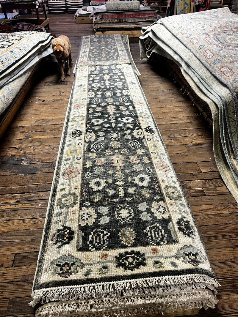 Judith Balis 2.6x24 Dark Grey and Ivory Hand-Knotted Oushak Runner | Banana Manor Rug Factory Outlet