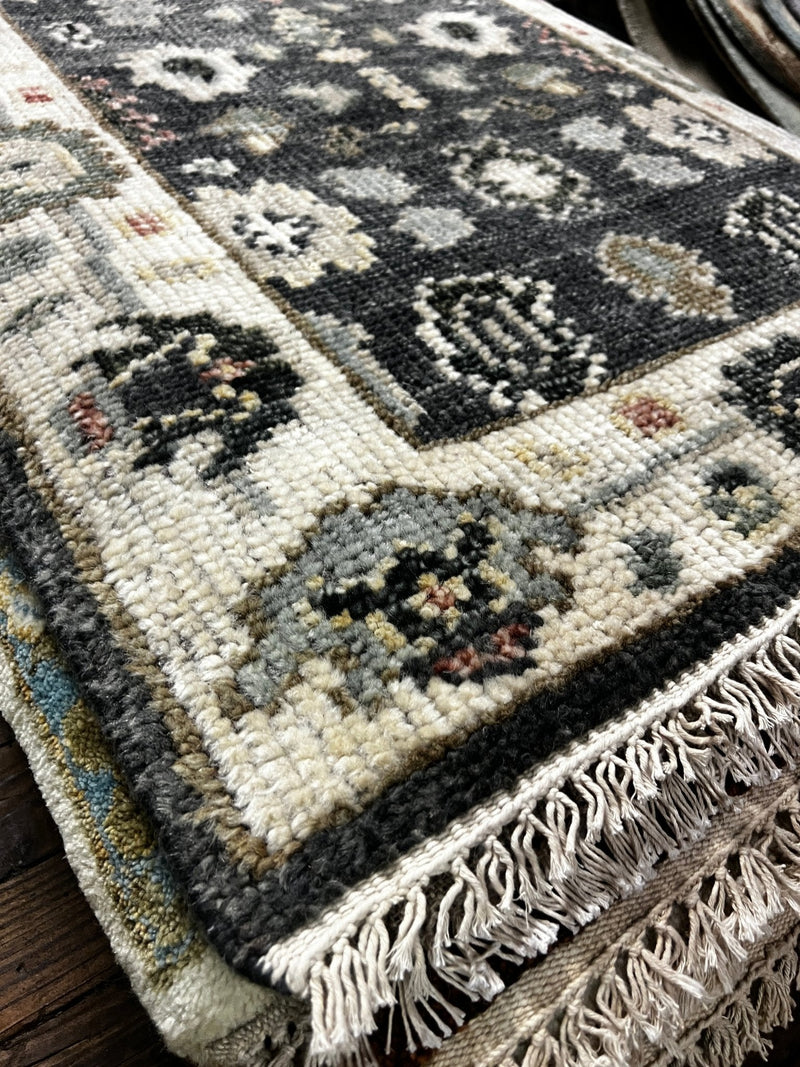 Judith Balis 2.6x24 Dark Grey and Ivory Hand-Knotted Oushak Runner | Banana Manor Rug Factory Outlet