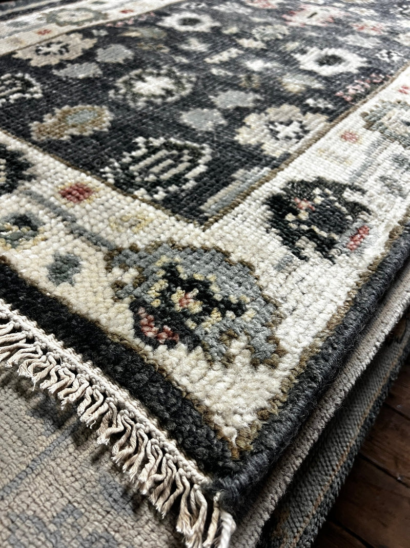 Judith Balis Dark Grey and Ivory Hand-Knotted Oushak Runner 2.6x24 | Banana Manor Rug Company