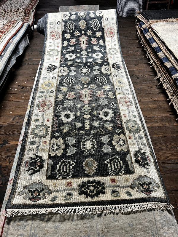 Judith Balis Dark Grey and Ivory Hand-Knotted Oushak Runner 2.6x24 | Banana Manor Rug Company