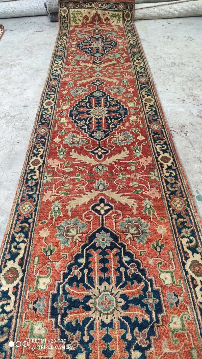 Julian Clary 2.9x17 Rust and Blue Hand-Knotted Serapi Runner | Banana Manor Rug Company