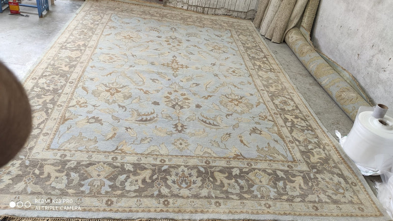 Juliette 10x14.3 Light Blue and Brown Hand-Knotted Oushak Rug | Banana Manor Rug Company