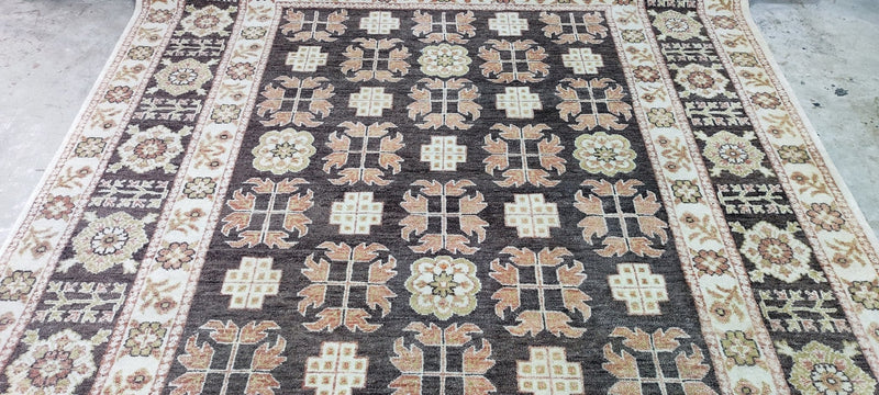 Karen Davis Brown and Beige Hand-Knotted Oushak Rug 6.9x7.9 | Banana Manor Rug Company