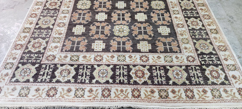 Karen Davis Brown and Beige Hand-Knotted Oushak Rug 6.9x7.9 | Banana Manor Rug Company