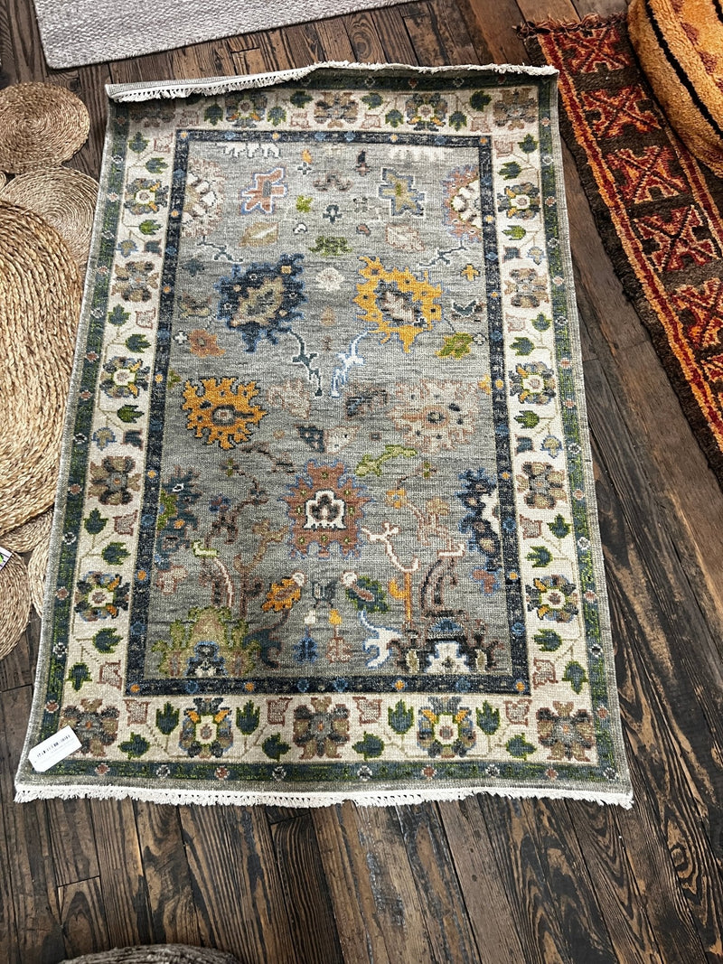 Karlijn Sileghem 4x6 Light Grey and Beige Hand-Knotted Oushak Rug | Banana Manor Rug Company