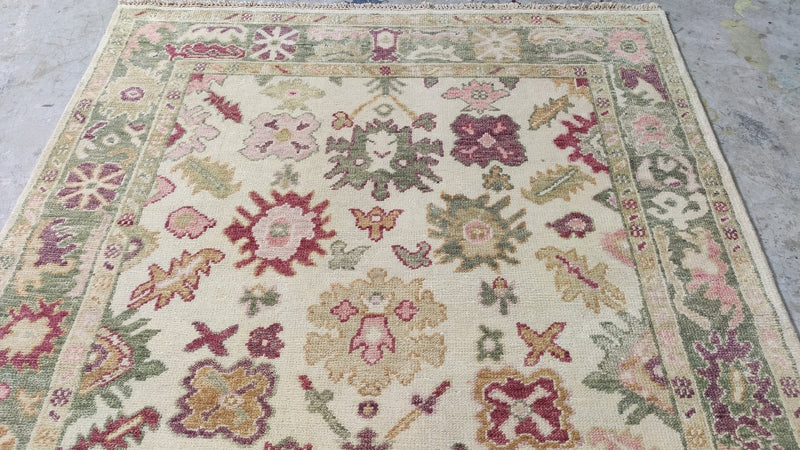 Kaylee 5.3x6 Ivory and Light Green Hand-Knotted Oushak Rug | Banana Manor Rug Company