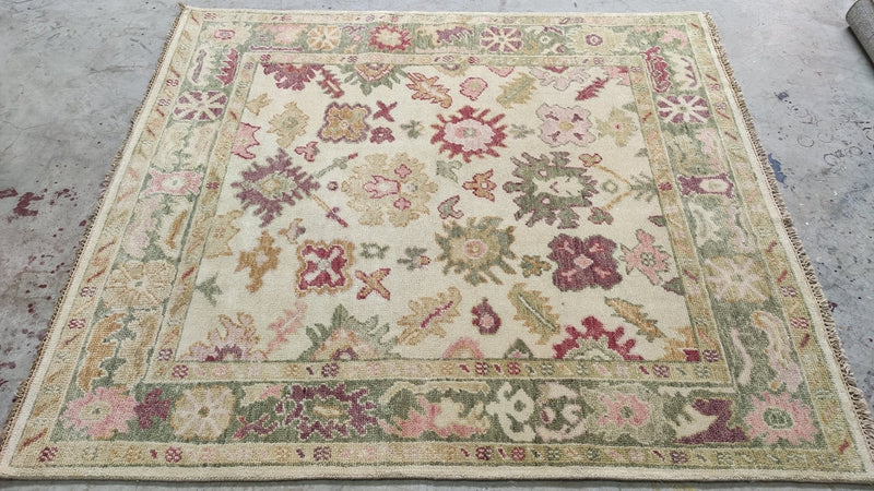 Kaylee 5.3x6 Ivory and Light Green Hand-Knotted Oushak Rug | Banana Manor Rug Company