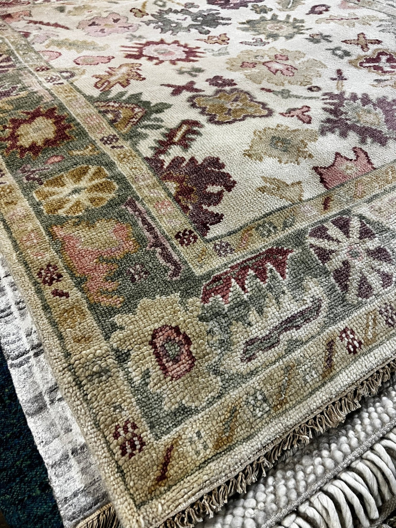 Kaylee 5.3x6 Ivory and Light Green Hand-Knotted Oushak Rug | Banana Manor Rug Company