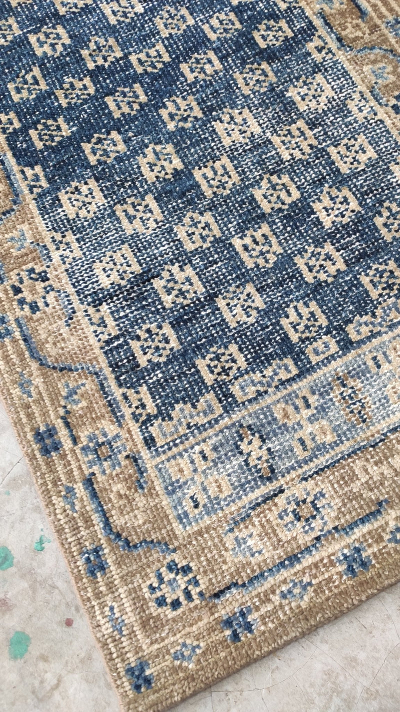 Kelsey 2.6x9.9 Hand-Knotted Blue and Brown Oushak Runner | Banana Manor Rug Company