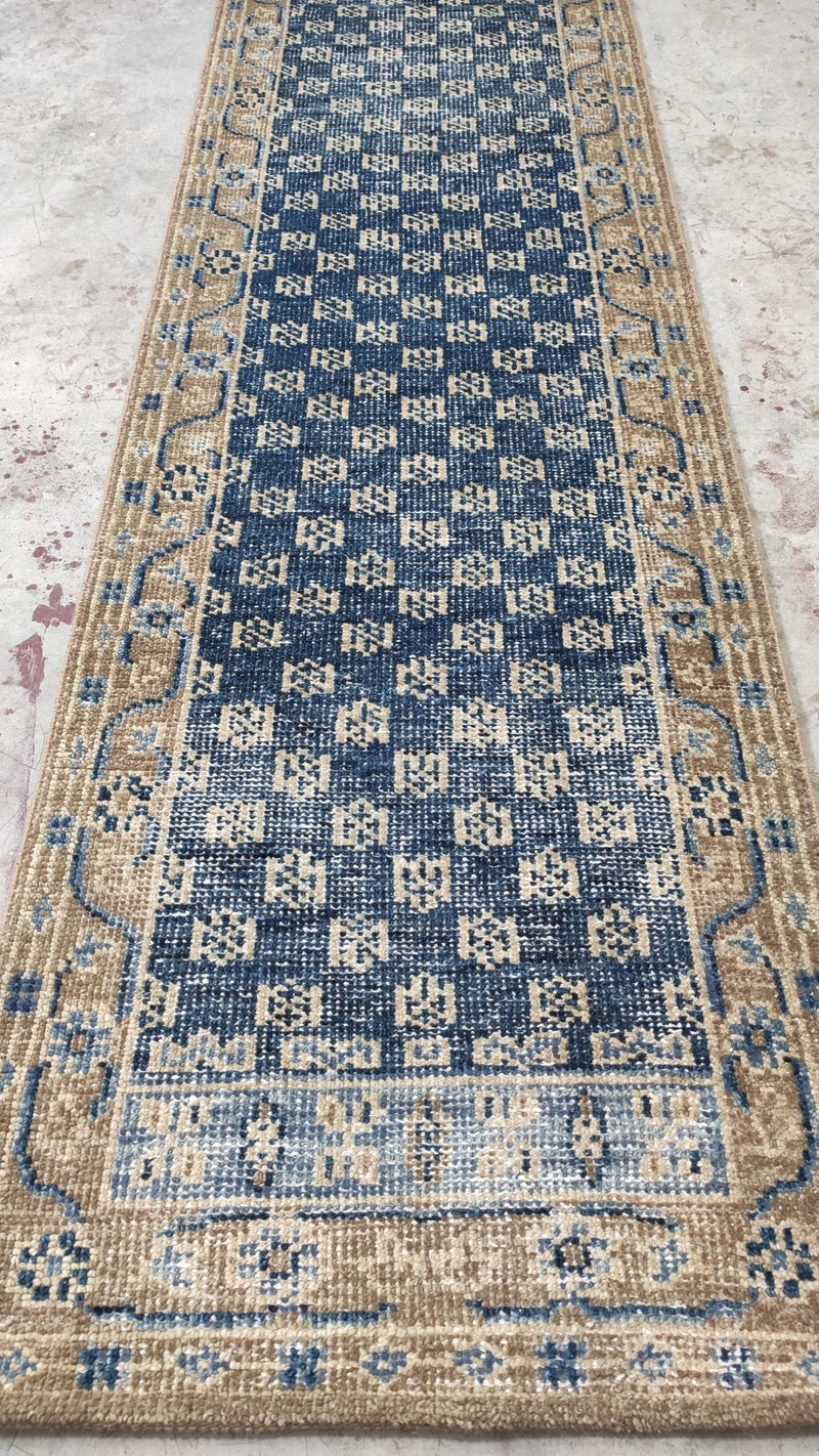 Kelsey 2.6x9.9 Hand-Knotted Blue and Brown Oushak Runner | Banana Manor Rug Company