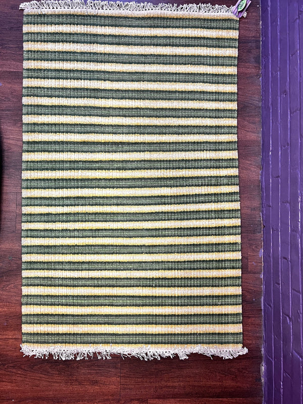 Kermit Ruffins 3x5.6 Handwoven Green Striped Durrie Rug | Banana Manor Rug Company