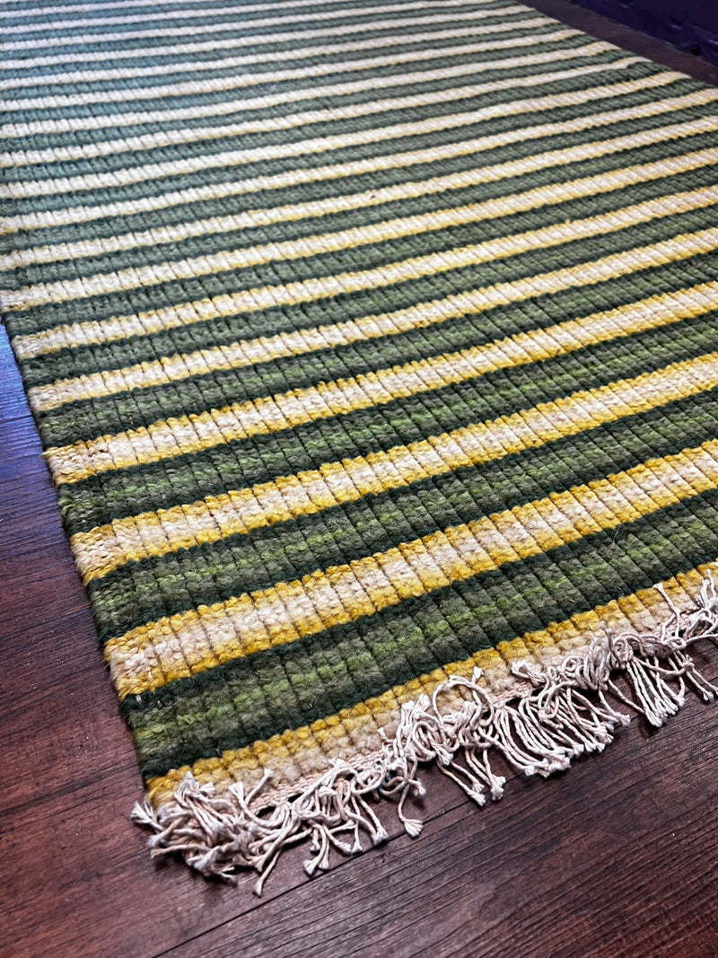 Kermit Ruffins 3x5.6 Handwoven Green Striped Durrie Rug | Banana Manor Rug Company