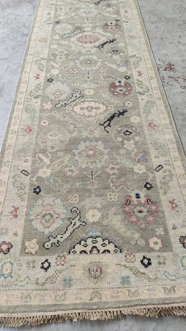 Kiera 3x12 Xanadu Greenish Grey Hand-Knotted Oushak Runner | Banana Manor Rug Company