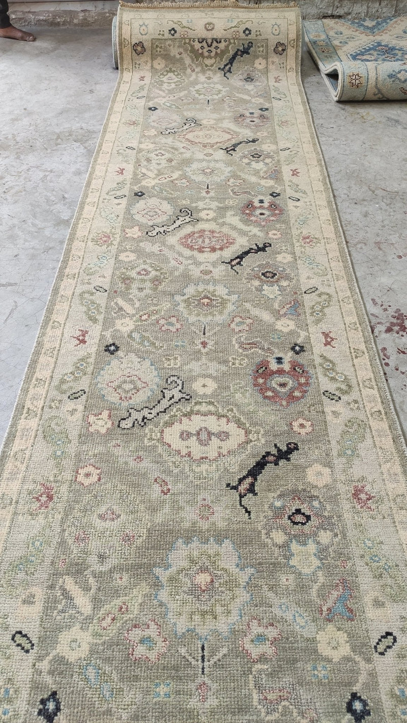 Kiera 3x12 Xanadu Greenish Grey Hand-Knotted Oushak Runner | Banana Manor Rug Company