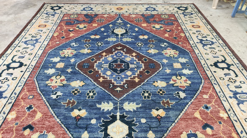 Kitty 9x12 Rust, Blue, and Tan Hand-Knotted Indo Persian Rug | Banana Manor Rug Company