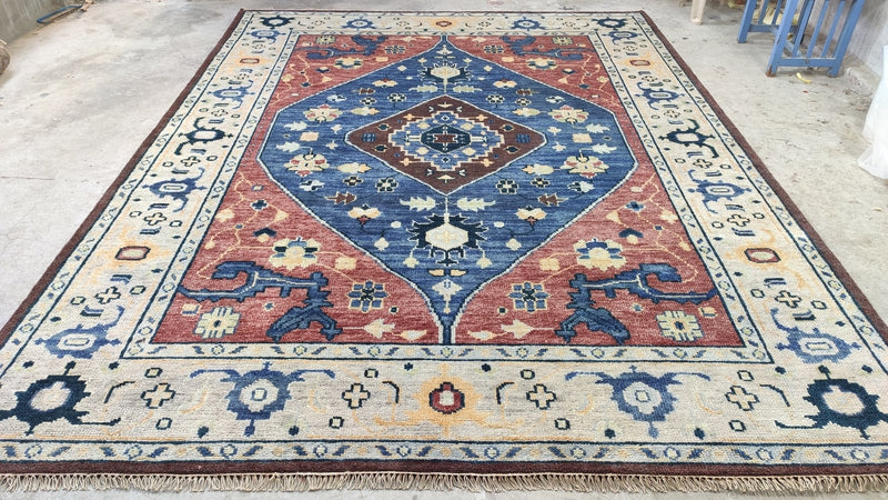 Kitty 9x12 Rust, Blue, and Tan Hand-Knotted Indo Persian Rug | Banana Manor Rug Company