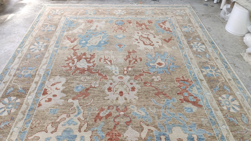 Kristin 9x11.9 Aqua and Brown Hand-Knotted Oushak Rug | Banana Manor Rug Company