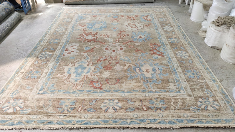 Kristin 9x11.9 Aqua and Brown Hand-Knotted Oushak Rug | Banana Manor Rug Company